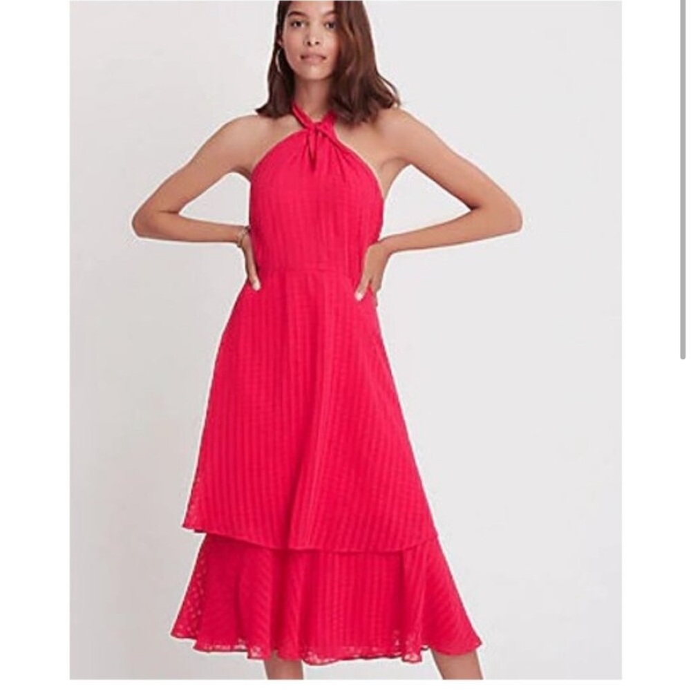 NWT Ann Taylor Shadow Plaid Tiered Halter Midi Dress 0P